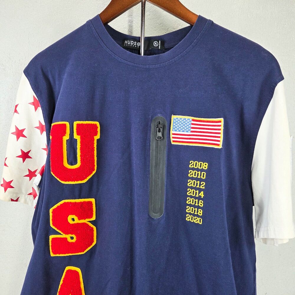 Vintage Y2K Hudson Outerwear USA Flag Star Sleeve Zip Pocket Tee Sz XL